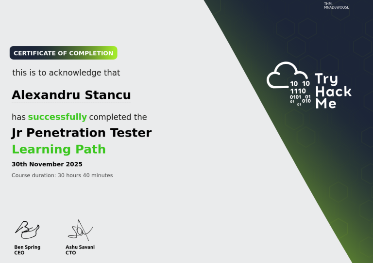 Attestation TryHackMe — Jr Penetration Tester, obtenue le 30 novembre 2025